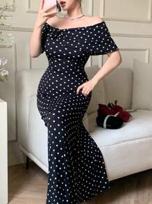 Modelyn 女式夏季波尔卡圆点修身优雅短袖鱼尾连衣裙，带 3D 花卉贴花 - 黑色 - 查看 3