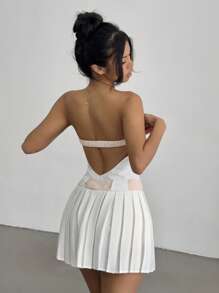 Aloruh Women Vintage Chic White And Pink Elegant Party Summer Sundress,Backless Pleated Low Waist Mini Dress,Versatile Cropped Camisole Short Outfits - White - View 2