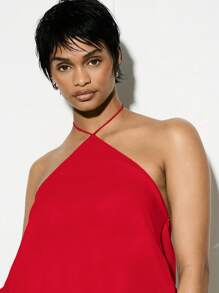 KIZN Chiffon Halter Neck Romper Playsuit With Blouson Top Ruffle Hem Summer Party Mini Length Beach Vacation Resort Wear