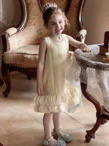 DAZY Young Girls Round Neck Sleeveless Ruffle Trim Loose Fit Dress,Girls Summer Outfits - Apricot - View 3