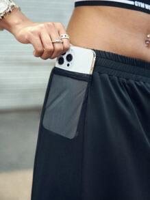 SHEIN Sports Women's Casual Sports Pockets Patchwork Shorts For Daily Workout Sweater Shorts - Black - View 7