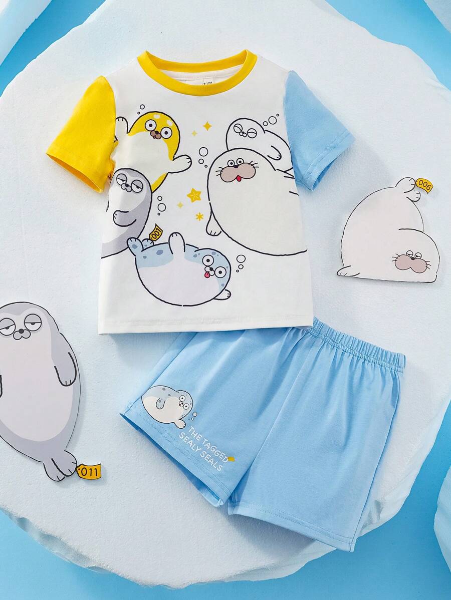 SEALOOK X SHEIN Baby Boy Cartoon Seal Print Contrast Color Sleeve White Casual Short Sleeve T-Shirt And Blue Shorts Summer Set