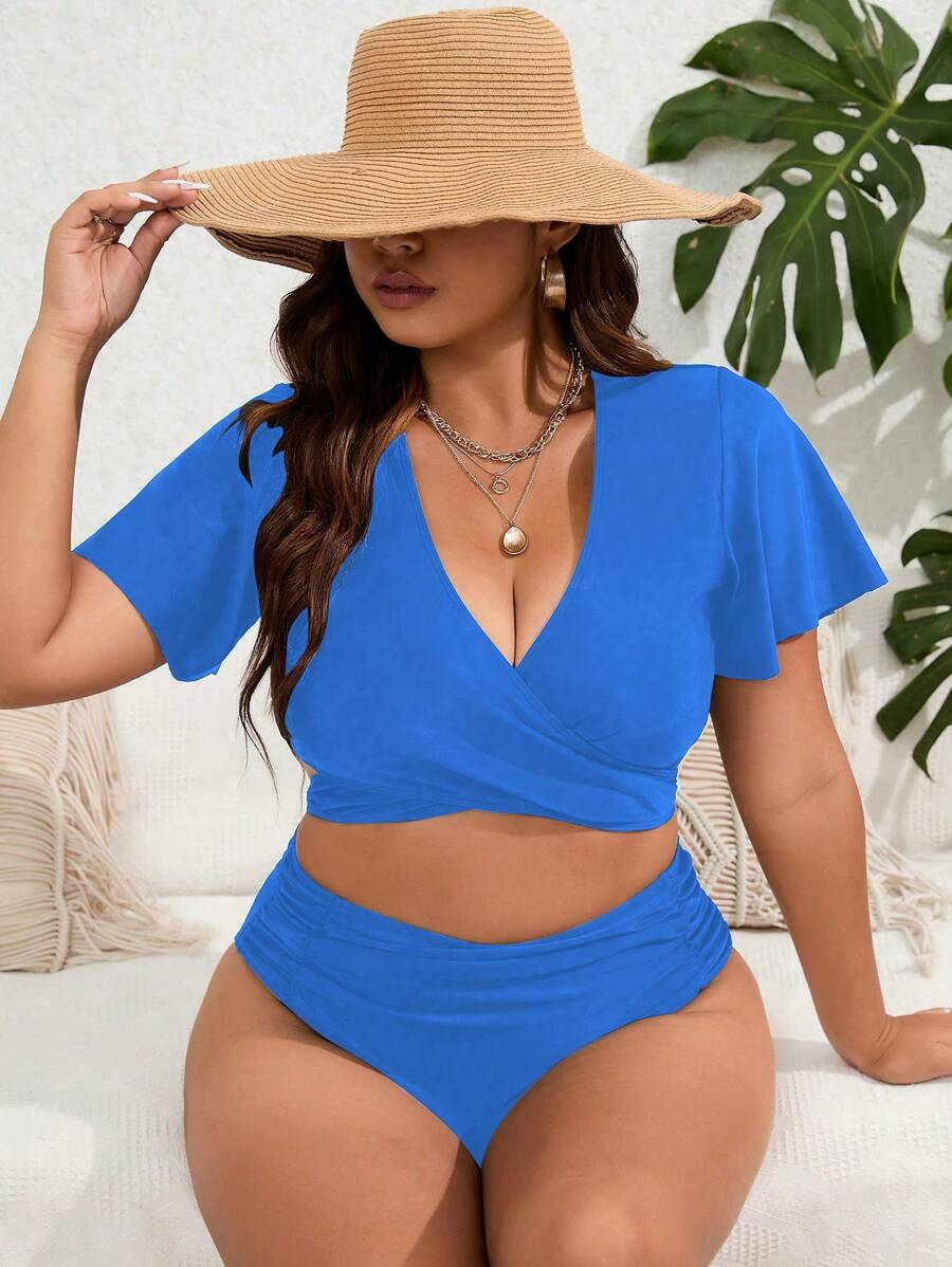 Swim Lushoire Plus Size Women 2pcs Solid Color Bikini Set, Camisole Style Swimwear For Casual & Vacation Beach Wear - Blue - View 1