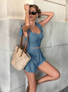 SHEIN Frenchy 2件套女士度假休闲纯色吊带背心和短裤 - 霧霾藍 - 查看 5