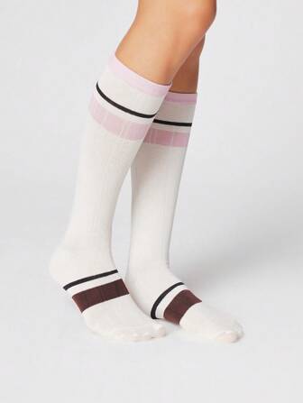 Kawaii 1 par de calcetines altos hasta la rodilla de estilo deportivo con rayas blancas para mujeres, para todas las estaciones