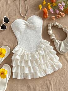 Soleia Mono sexy con espalda descubierta, volantes entrelazados y textura por capas