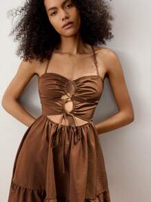 Maija Vestido de tirantes cruzados de unicolor simple para mujer, de verano - Marrón - Ver 4