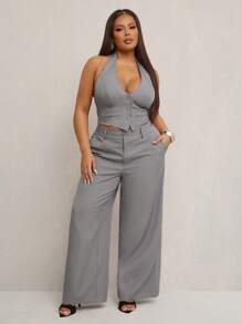 SHEIN SXY Conjunto de 2 piezas elegante y sexy para mujer talla grande para primavera y verano: Top de tirantes ajustado gris + Pantalones rectos de doble botonadura con cintura ancha a juego, apropiado para uso diario