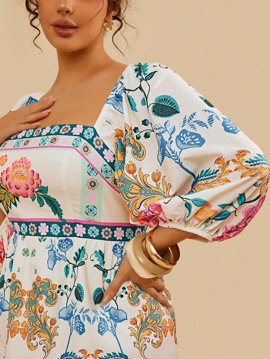 Travachic 大码女式夏季热带花卉印花方领泡泡袖短款休闲连衣裙 - 彩色 - 查看 1