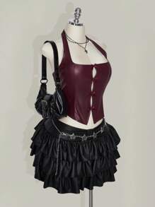 SHEIN ICON Plus Size Women's Solid Color Burgundy Red Bow Decor Fashion PU Leather Halter Neck Camisole - Burgundy - View 8