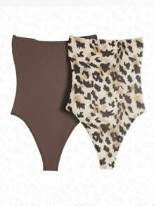 INAWLY Women's Black Metal Decor Bandeau Bodysuit, Beach & Outdoor Summer Swimwear - Brown - View 2