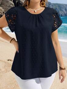 EMERY ROSE Plus Size Women Round Neck Short Sleeve Casual Blouse Summer Tropical Vacation Modest Top For Beach - Navy Blue - View 6