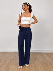 SHEIN PETITE Pantalones anchos de verano de lino con cintura alta para mujeres