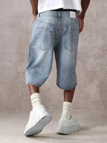 SUMWON 闪亮水钻装饰阔腿牛仔百慕大短裤 Y2K 节时尚高腰宽松夏季街头风格