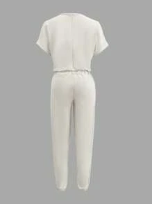 INAWLY Women's Casual Solid Color Drawstring Waist Jumpsuit For Summer - Beige - View 2