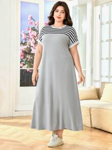 SHEIN Lacomfia Plus Size Striped Print Round Neck Casual Short Sleeve Dress, Suitable For Summer - Multicolor - View 6