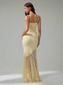 SHEIN Tall Women's Spring And Summer Vacation Wedding Season See-Through Lace Asymmetric Hem Vest And Low-Waist Hip Fishtail Ruffled Extra-Long Asymmetrical Hem Skirt Two Pieces Set - Yellow - View 2