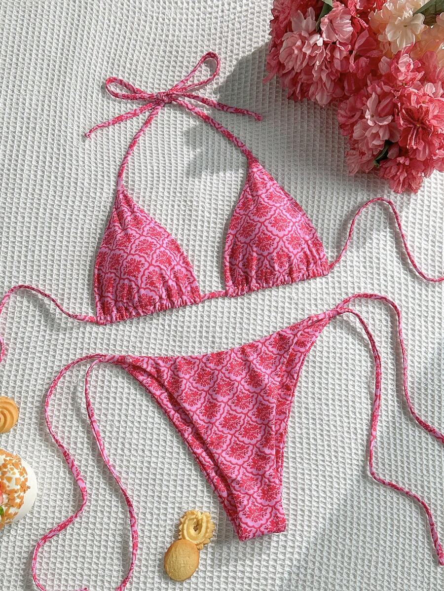 Swim Mod 女士夏季沙滩露背比基尼套装，全身印花，随机印花 - 玫紅色 - 查看 1