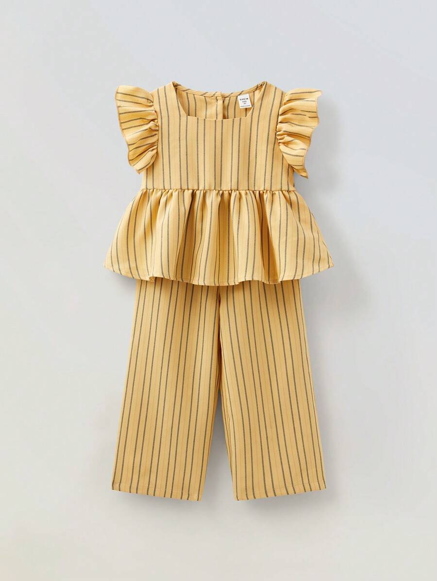 Maija Kids Maija Kids 2pcs/Set Young Girl Square Neck Cap Sleeve Blouse And Pants Set - Yellow - View 1