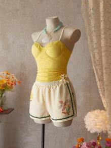 SHEIN Swim 1 件女士纯色细肩带连体泳衣，夏季时尚 - 黃色 - 查看 6