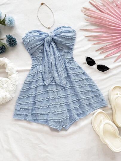 SHEIN WYWH 女士粉色纹理提花系带蝴蝶结腰部阔腿连体衣，度假风格