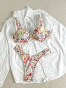 SHEIN Swim Women's Summer Vacation Floral Print Bikini Swimwear Set - Multicolor - View 5