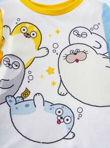 SEALOOK X SHEIN Baby Boy Cartoon Seal Print Contrast Color Sleeve White Casual Short Sleeve T-Shirt And Blue Shorts Summer Set