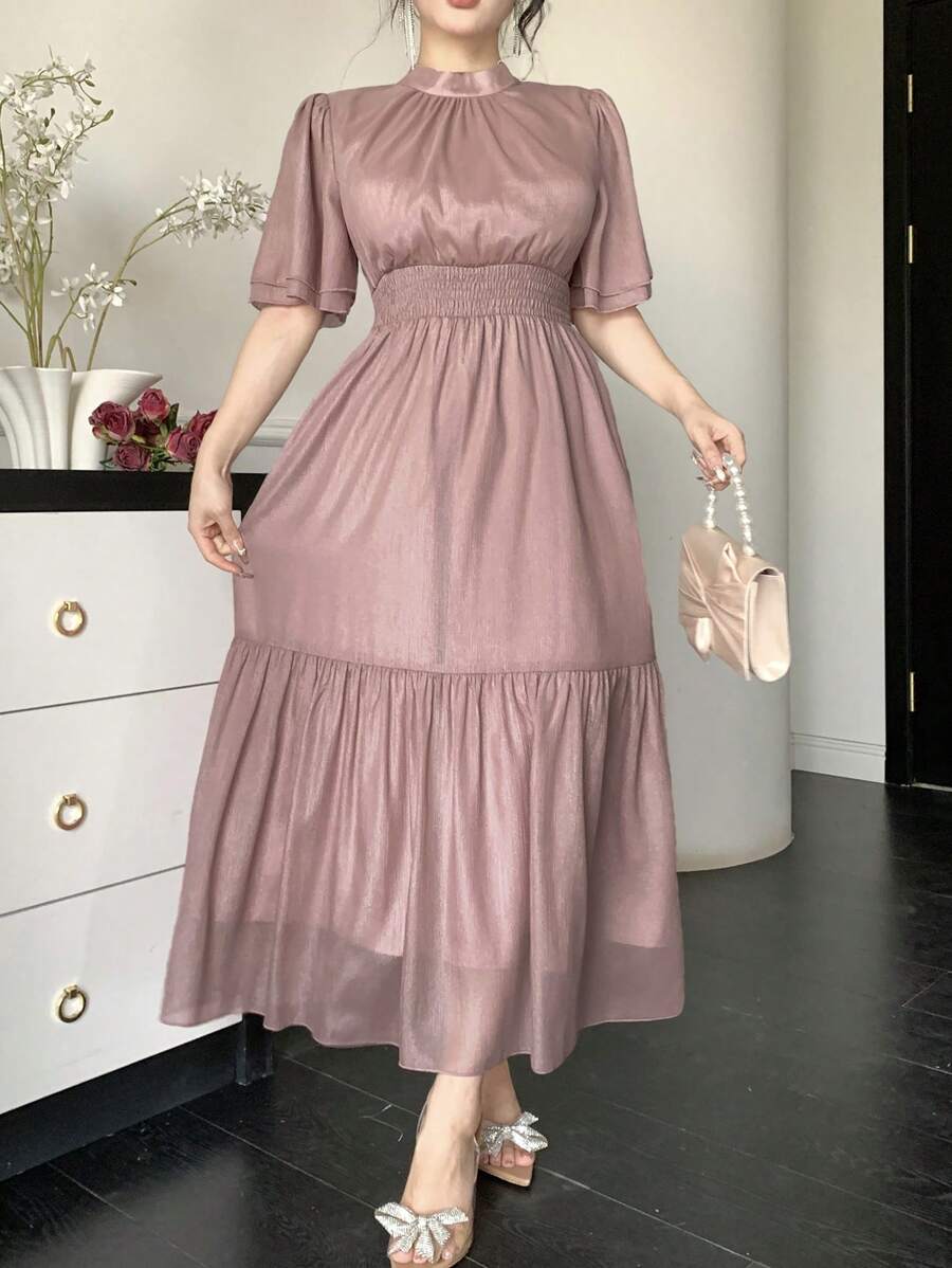 DAZY Women's Solid Color V-Neck Ruffle Hem Elegant Chiffon Dress, Spring/Summer - Pink - View 1