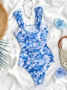 SHEIN Teen Girls' Floral Print Crinkle Ruched One-Piece Swimsuit, Cute Design For Beach Holiday, Spring/Summer - Blue - View 2