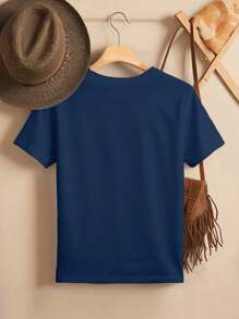 SHEIN LUNE Camiseta de manga corta casual con estampado de eslogan MILÁN ITALIA en tallas grandes para mujer, camiseta gráfica de mujer