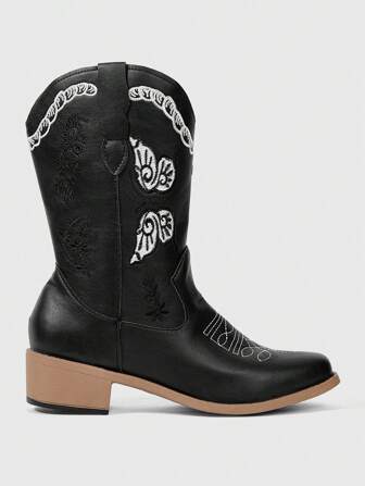 Fairycore Botas vaqueras occidentales de tacón ancho con detalles de bordado de mariposa negra, para primavera/otoño 2024 - nuevas botas occidentales para exteriores