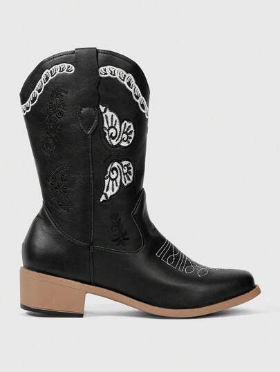 Fairycore Women's Spring/Autumn 2024 New Black Butterfly Embroidered Detail Chunky Heel Western Cowboy Boots, Outdoor Western Boots