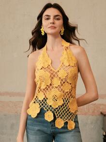 Anewsta Robe de plage élégante pour femme, col en crochet cache-maillot, motif floral ajouré, sans manches, parfaite pour les vacances, les festivals de printemps et l'été, les remises de diplômes - Jaune citron - Voir 5