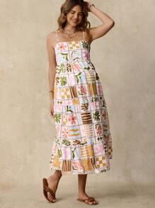 SHEIN Pregnant Women Floral Printed Holiday Casual Sleeveless Dress Summer Clothing  Boho   Ruffle - Multicolor - View 3