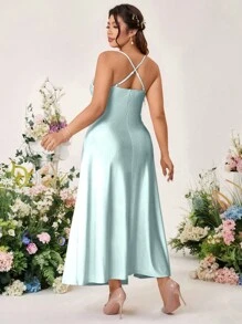 Cravure 大码女式优雅连衣裙，无袖开衩鱼尾裙，正式鸡尾酒会礼服 - 藍色 - 查看 2