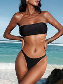 Opulessa Women's Elegant Black Mesh Bandeau Bikini Set With One Long Sleeve And Cutout Detail, Holiday Outfits,Holiday Clothes,Beach Outfits For Woman,Vacation Outfits Woman,Bikini Set,Sarong,Beach Dress,High Waisted Bikini, High Waisted Bathing Suit,Thong Bikini Set - Black - View 6