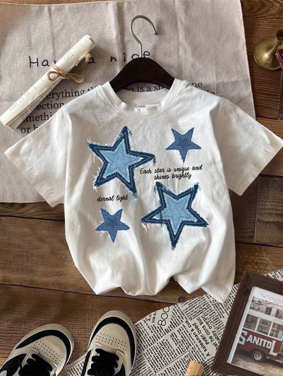 SHEIN Leap Crew 青少年女孩休閒簡約星星印花T恤，夏季 - 白色 - 查看 1