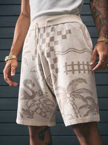 AXEPEAK Pantalones cortos casuales de media longitud con estampado digital y cinturilla con cordón para hombres