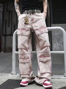 Manfinity EMRG Men's Cargo Pocket Wide Leg Relaxed Fit Casual Versatile Jeans - Dusty Pink - View 3