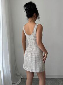 Elenzga 女士夏季格子圆领无袖优雅连衣裙新年衣服 - 彩色 - 查看 2