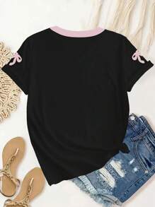 SHEIN Explorewe Girls' Casual Minimalist Short Sleeve Bow Design T-Shirt, Pink Collar With Number 07 Print, Loose Knit, Suitable For Summer - Black - View 2