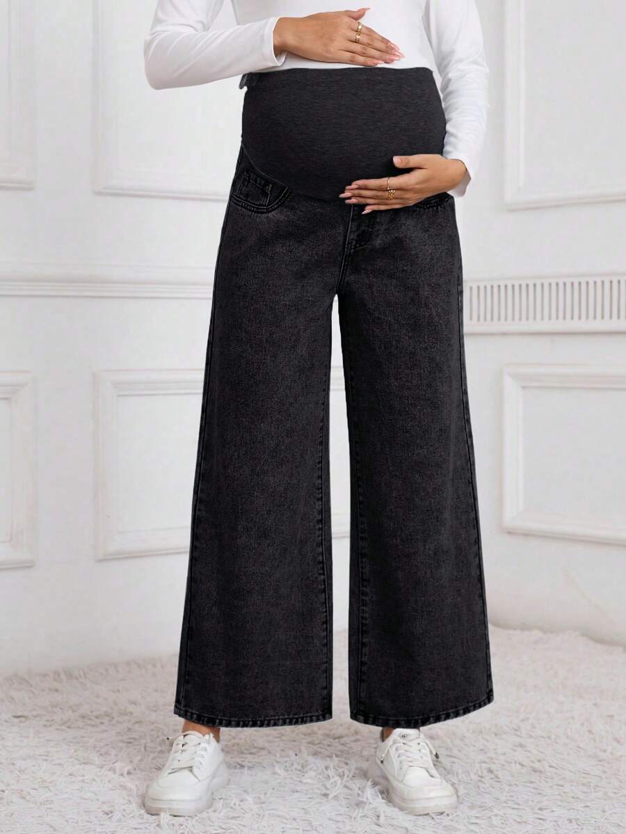 SHEIN 孕妇高腰阔腿宽松休闲百搭牛仔裤 - 黑色 - 查看 1