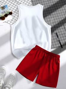 Manfinity Hypemode 男士休闲字母图案背心和短裤套装，夏季 - 彩色 - 查看 2