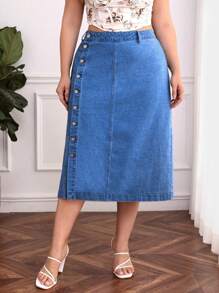 Plus Size Denim Mini Skirt With Side Slits, Fashionable For Summer - Medium Wash - View 6