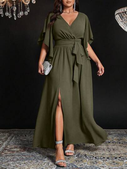 Auvina Vestido elegante para fiesta de talla grande para mujer con cuello en V, mangas acampanadas, lazo en la cintura, fruncido y abertura