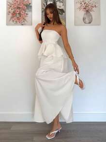 Siren Gaze Women's Simple Solid Color Ruffle Hem Dress, Summer New Year Elegant White Evening Dress Party - White - View 5