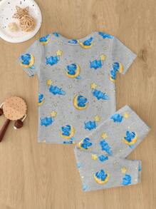 SHEIN Baby Boy Casual Minimalist Slim Fit Round Neck Comfortable Short Sleeve Pants Pajamas Set, Suitable For Spring/Summer, Snug Fit