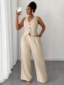 Elenzga 2pcs/Set Plus Size Women's Solid Color Short Vest & Wide Leg Casual Pants