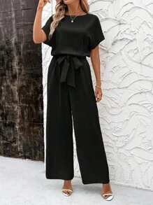 SHEIN Clasi Eleganter Sommer Damen Jumpsuit aus blauem, kühlem Leinen mit plissiertem Stoff, Schulterärmel und Taillenband, geeignet für verschiedene Anlässe, tägliche Reisen, Ausflüge usw.
