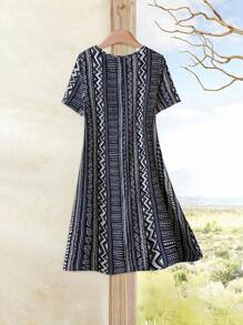 Rusticease Women's Boho Short Dress: Woven Fabric, Multicolor Print, Round Neck, Short Sleeves, And Straight Hem - Multicolor - View 2